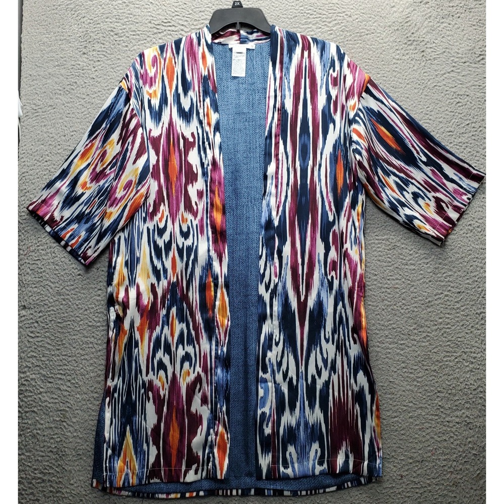 Chico's Kimono Jacket Womens XXS/XS Multi Ikat Print 3/4 Sleeve Slit Open Front